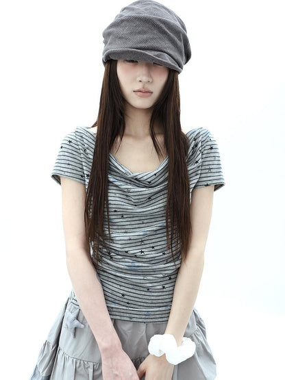 ang project Grey Striped Star Print Stacked Neck Women&