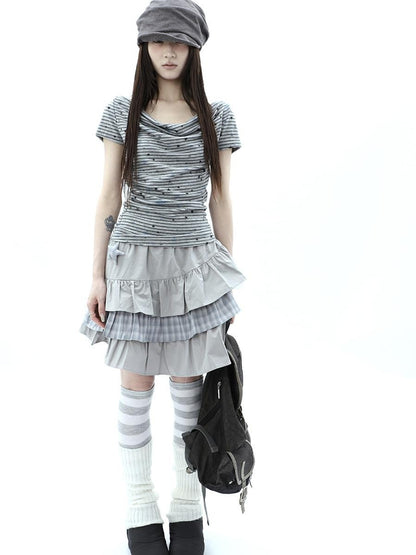 ang project Grey Striped Star Print Stacked Neck Women&