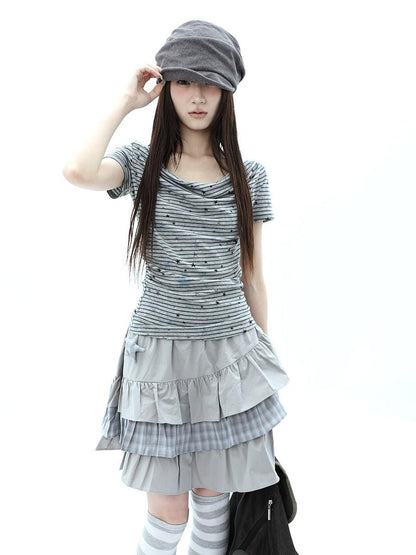 ang project Grey Striped Star Print Stacked Neck Women&