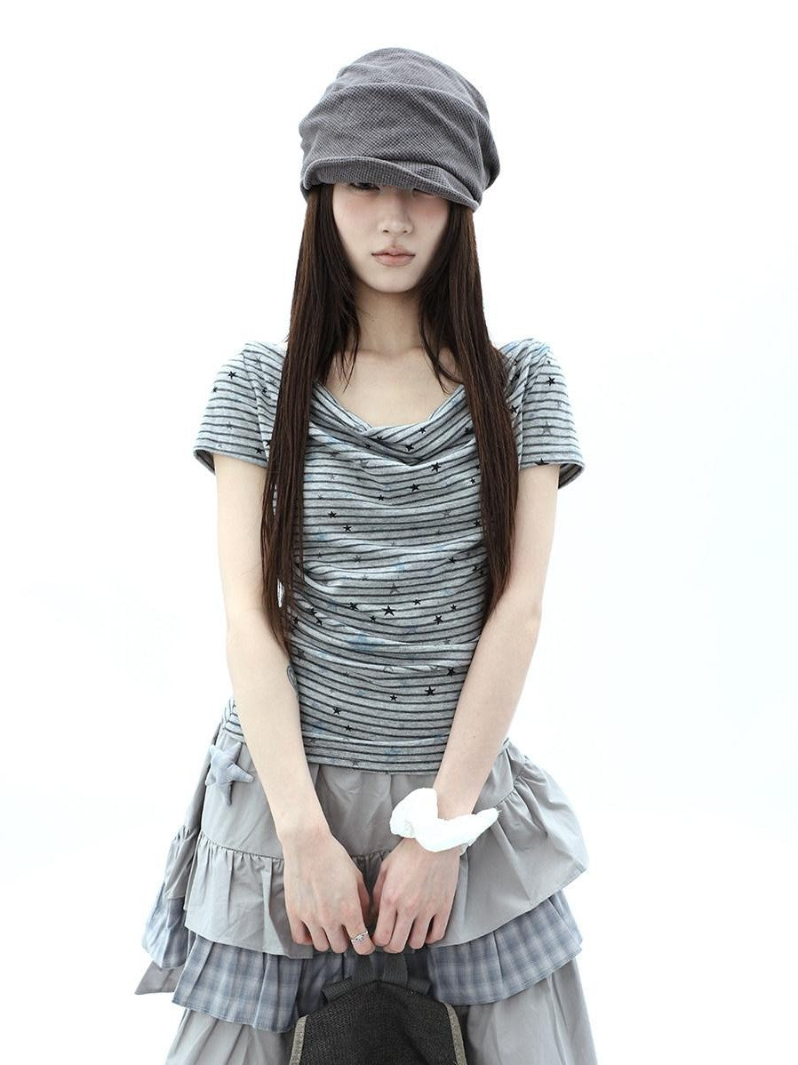 ang project Grey Striped Star Print Stacked Neck Women&