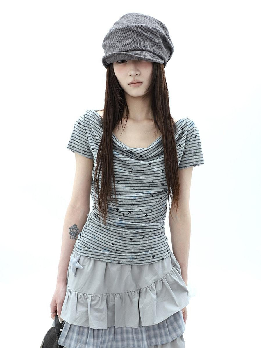 ang project Grey Striped Star Print Stacked Neck Women&