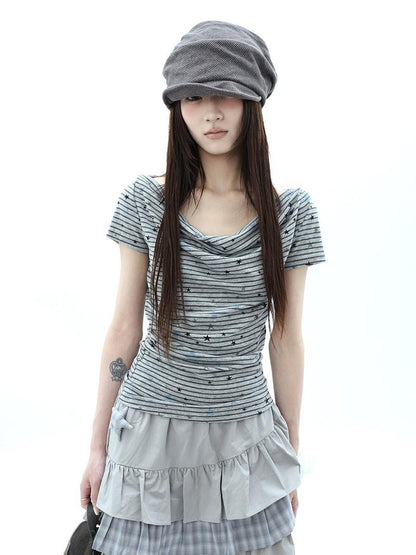 ang project Grey Striped Star Print Stacked Neck Women&
