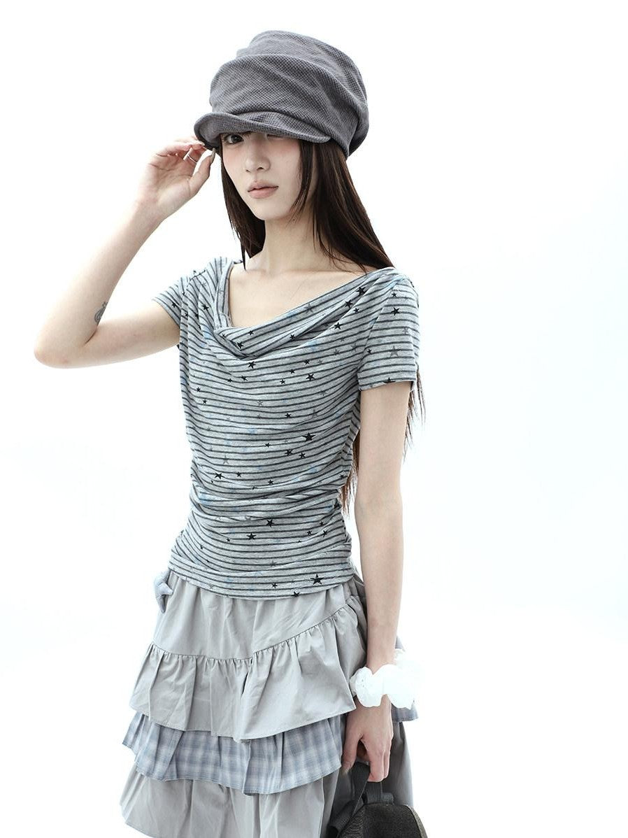 ang project Grey Striped Star Print Stacked Neck Women&
