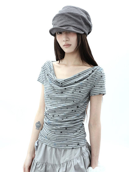 ang project Grey Striped Star Print Stacked Neck Women&