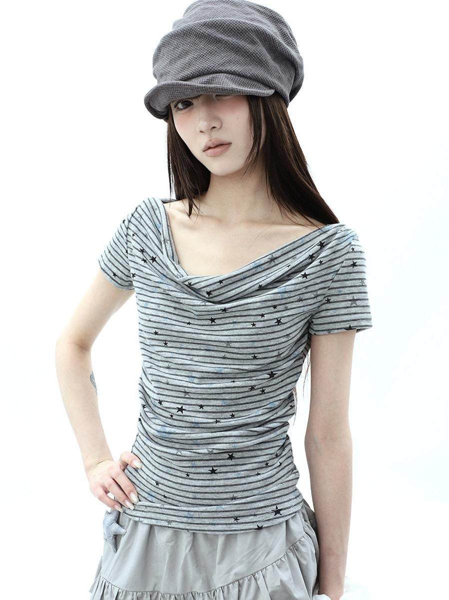 ang project Grey Striped Star Print Stacked Neck Women&