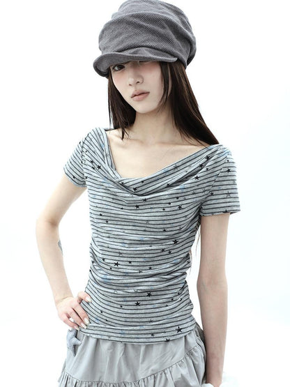 ang project Grey Striped Star Print Stacked Neck Women&