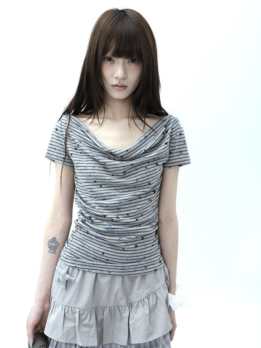 ang project Grey Striped Star Print Stacked Neck Women&