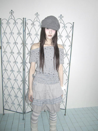 ang project Grey Striped Star Print Stacked Neck Women&
