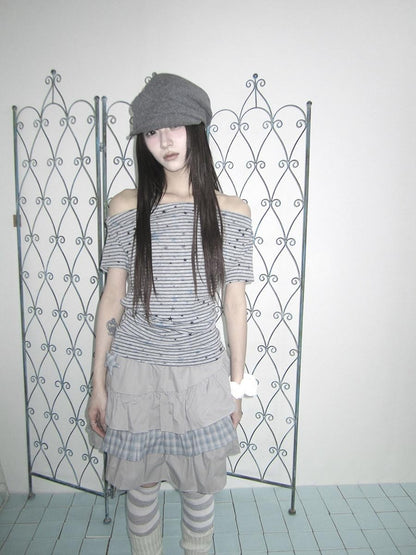 ang project Grey Striped Star Print Stacked Neck Women&