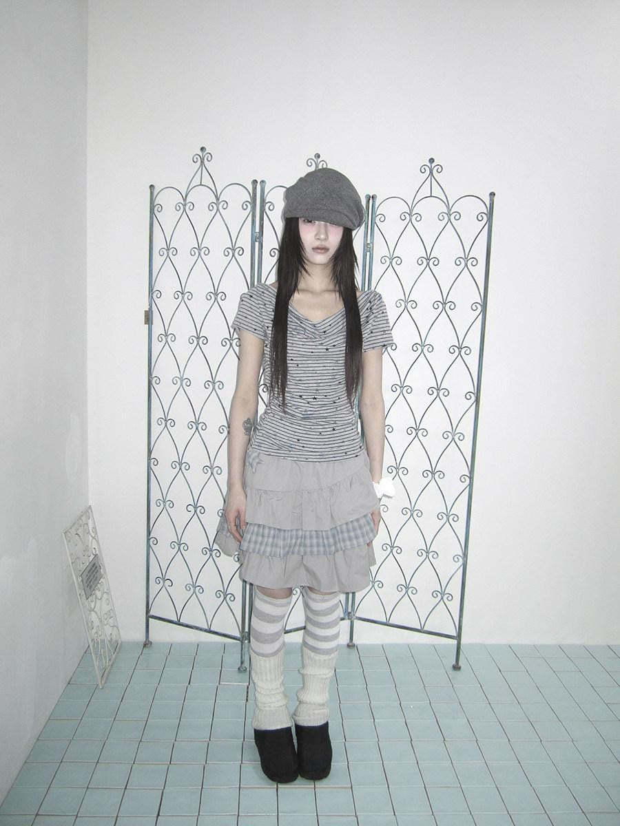 ang project Grey Striped Star Print Stacked Neck Women&