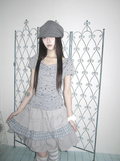 ang project Grey Striped Star Print Stacked Neck Women&