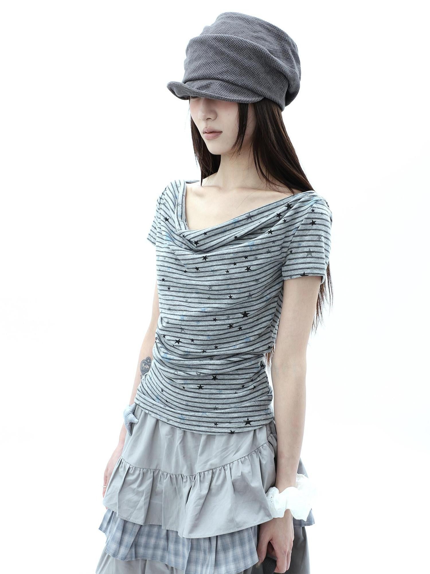 ang project Grey Striped Star Print Stacked Neck Women&
