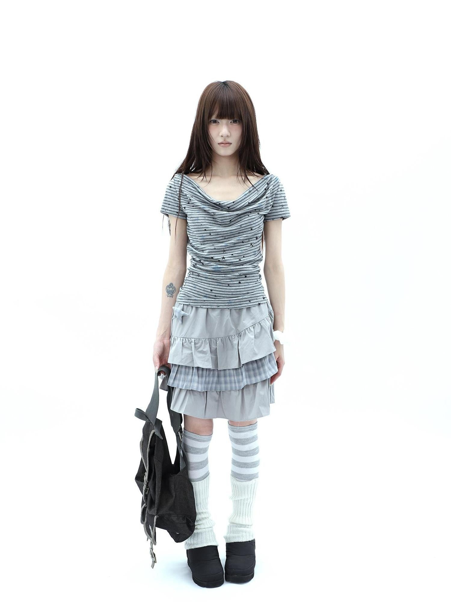 ang project Grey Striped Star Print Stacked Neck Women&