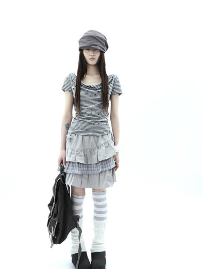 ang project Grey Striped Star Print Stacked Neck Women&