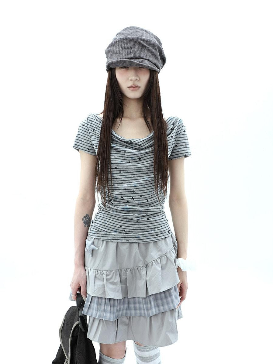 ang project Grey Striped Star Print Stacked Neck Women&