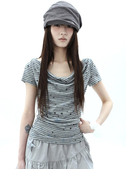 ang project Grey Striped Star Print Stacked Neck Women&