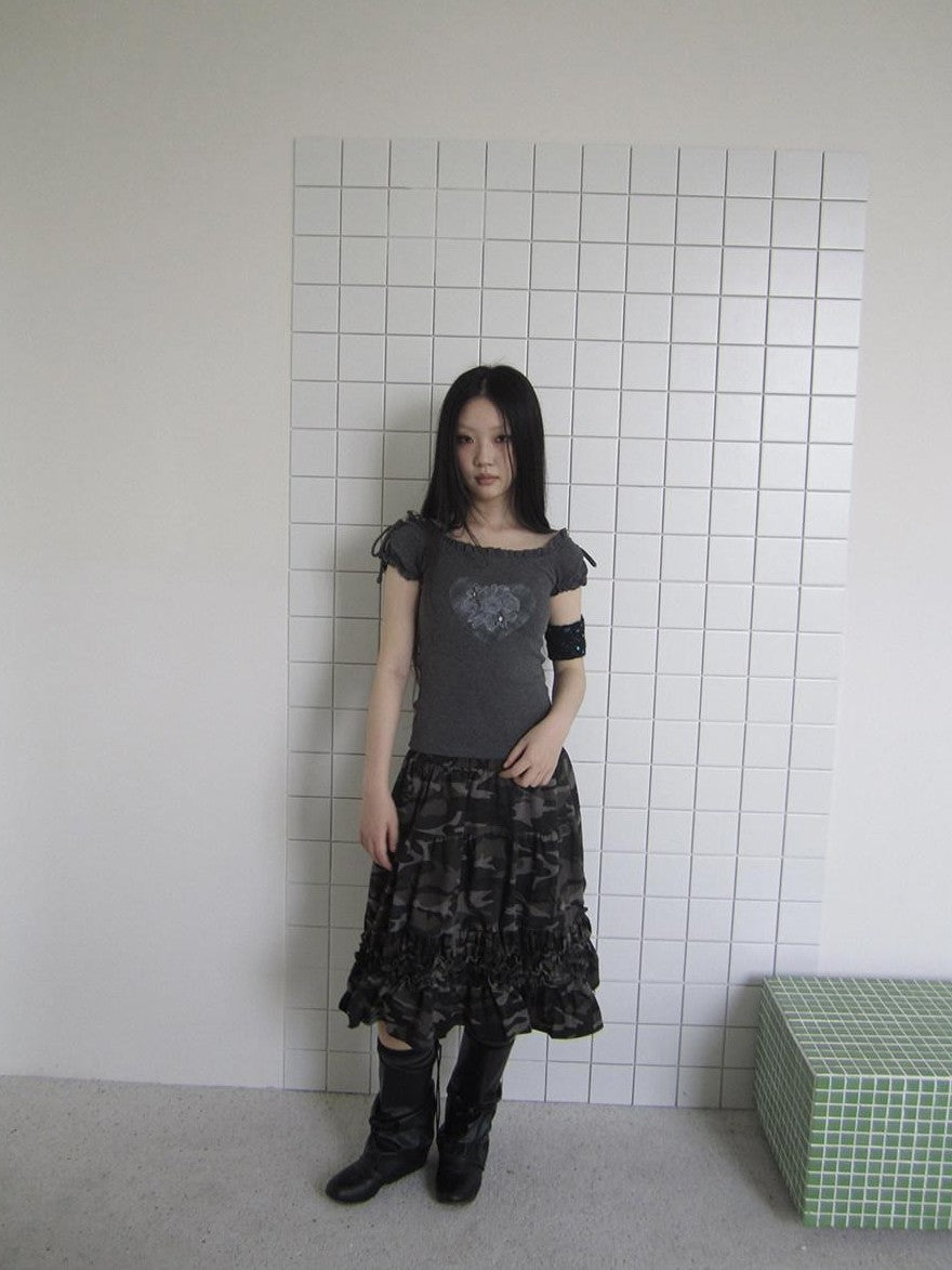 ang project Heart Print Puff Sleeve Tie Slim Fit Women&