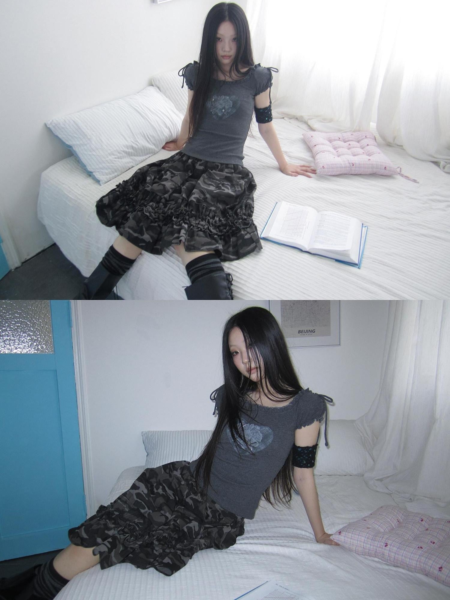 ang project Heart Print Puff Sleeve Tie Slim Fit Women&