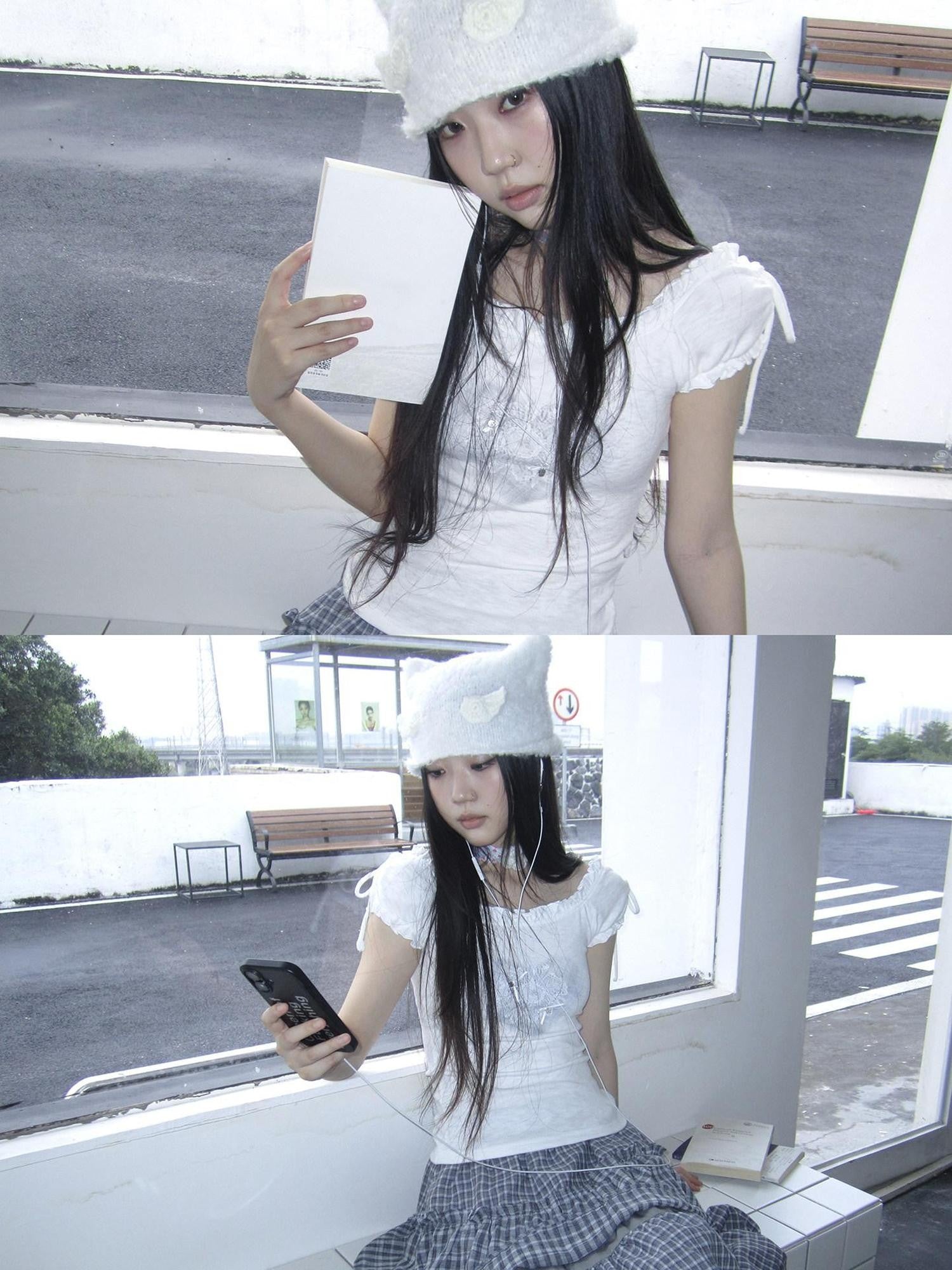 ang project Heart Print Puff Sleeve Tie Slim Fit Women&