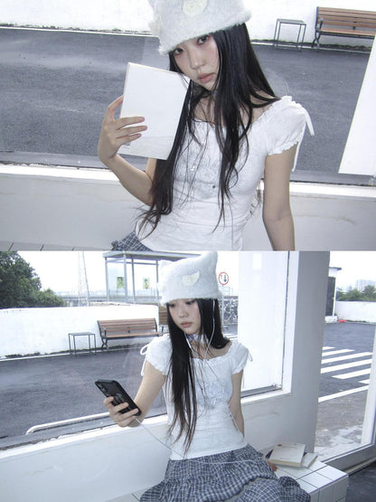 ang project Heart Print Puff Sleeve Tie Slim Fit Women&
