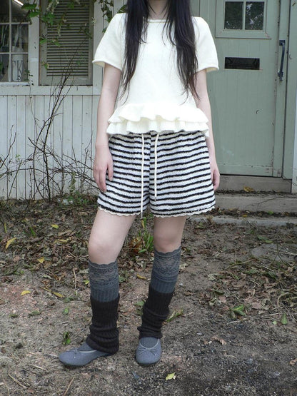 ang project High Waist Lace Trim Korean Striped Wide Leg Casual Women Short