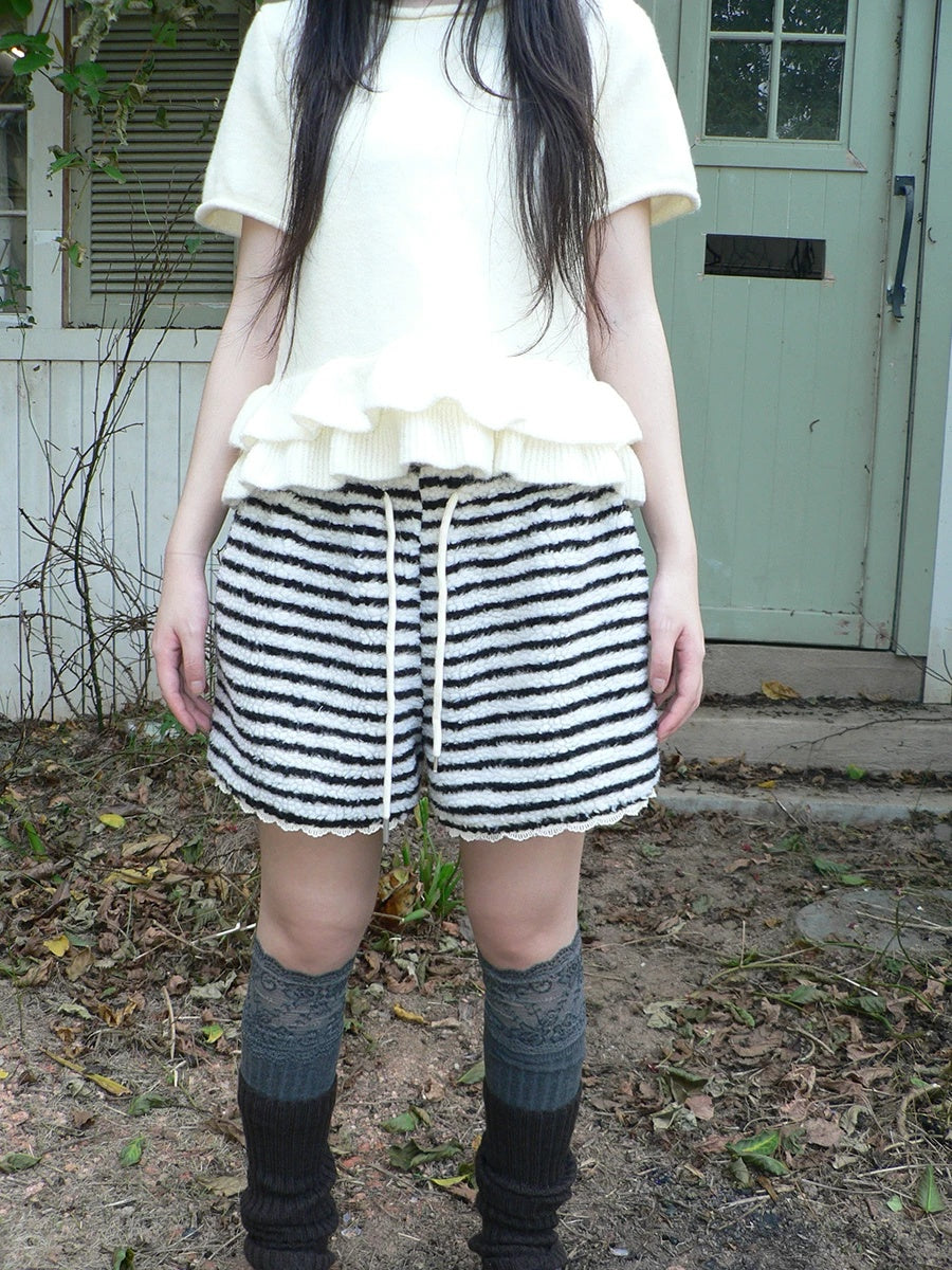 ang project High Waist Lace Trim Korean Striped Wide Leg Casual Women Short