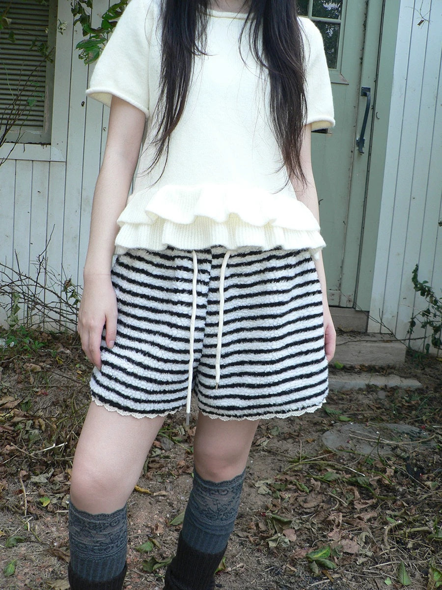 ang project High Waist Lace Trim Korean Striped Wide Leg Casual Women Short