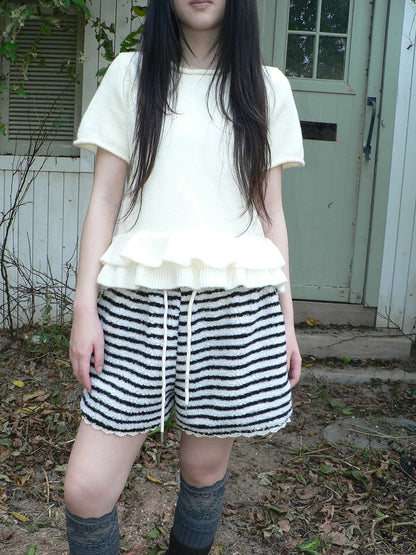 ang project High Waist Lace Trim Korean Striped Wide Leg Casual Women Short
