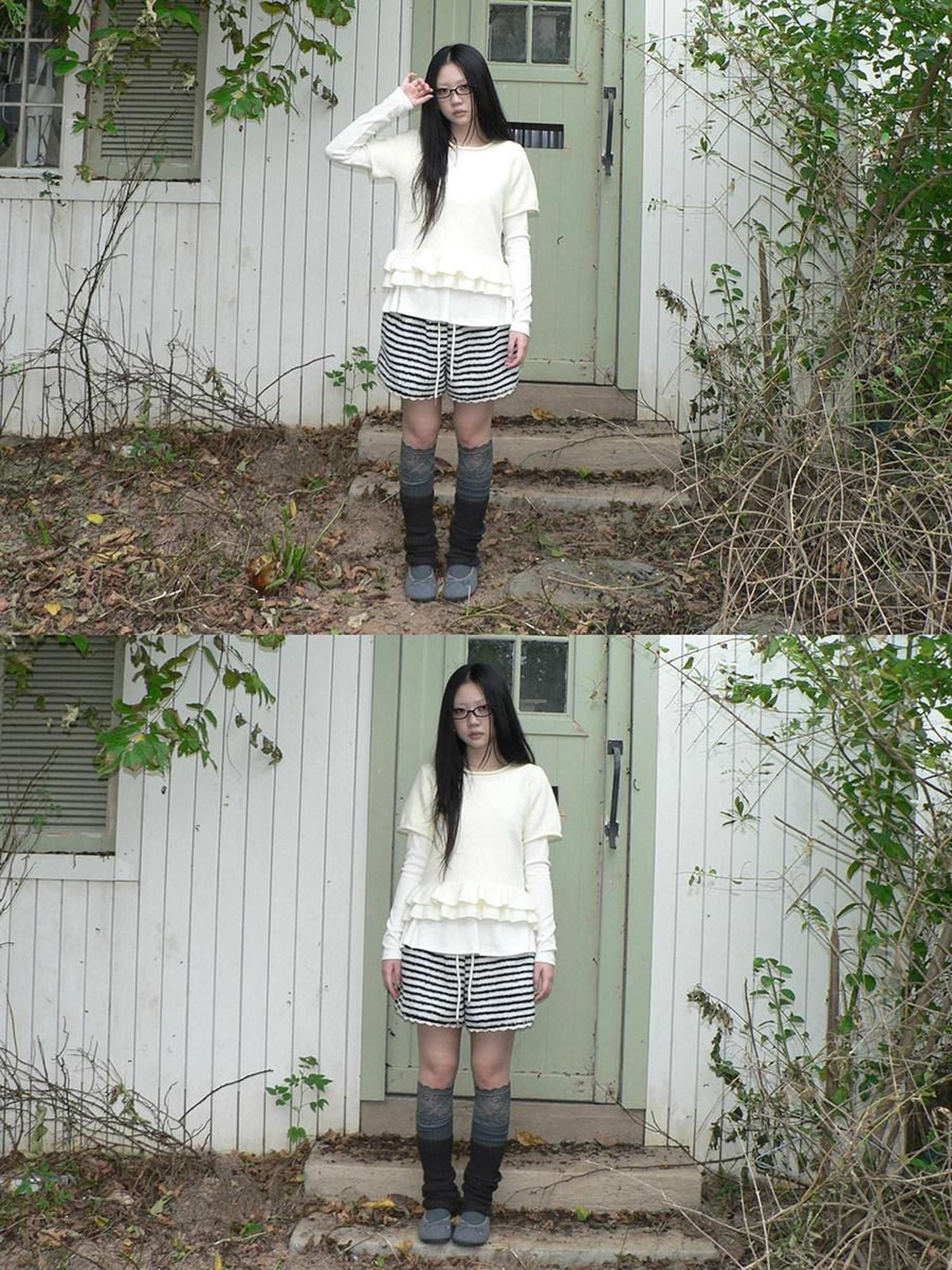 ang project High Waist Lace Trim Korean Striped Wide Leg Casual Women Short