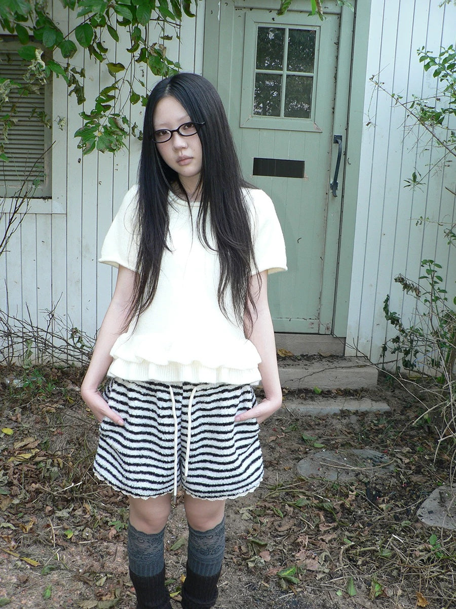 ang project High Waist Lace Trim Korean Striped Wide Leg Casual Women Short