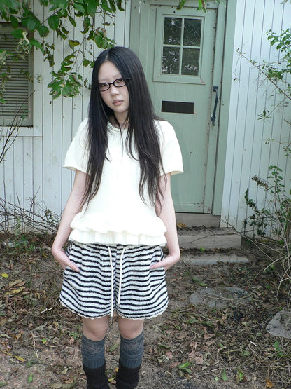 ang project High Waist Lace Trim Korean Striped Wide Leg Casual Women Short