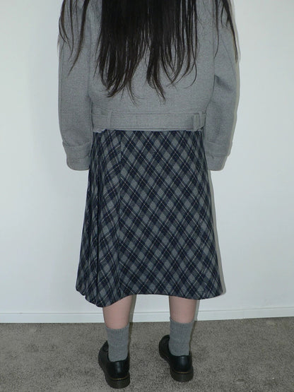 ang project High Waist Lined Vintage Pleated Side Zipper Casual Blue Women Midi Skirt