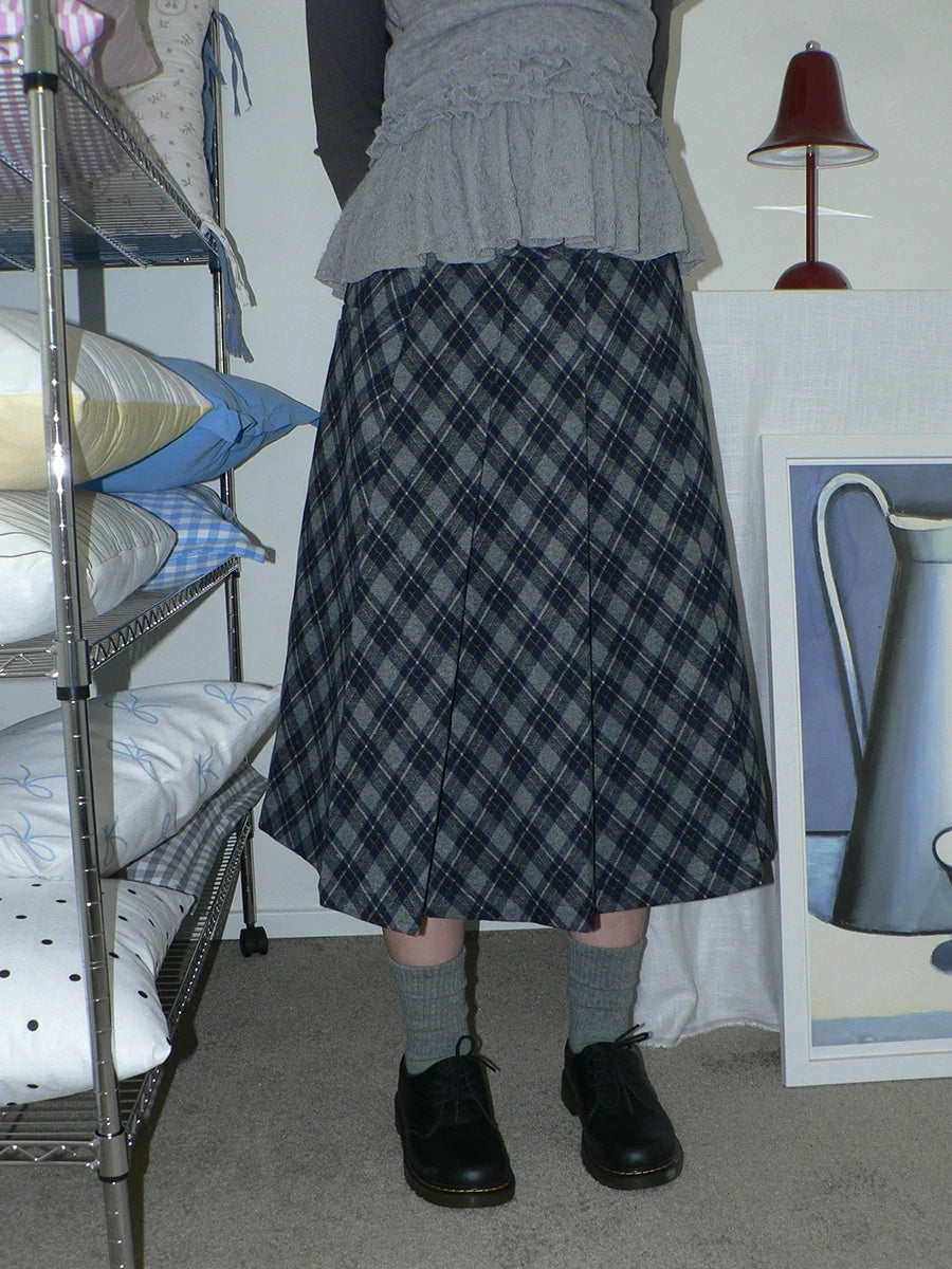 ang project High Waist Lined Vintage Pleated Side Zipper Casual Blue Women Midi Skirt