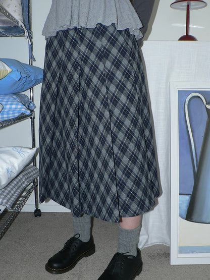 ang project High Waist Lined Vintage Pleated Side Zipper Casual Blue Women Midi Skirt