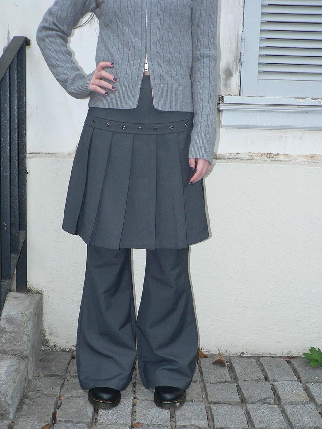 ang project High Waist Minimalist Korean Faux Skirt Flare Zipper Women Dark Gray Pants