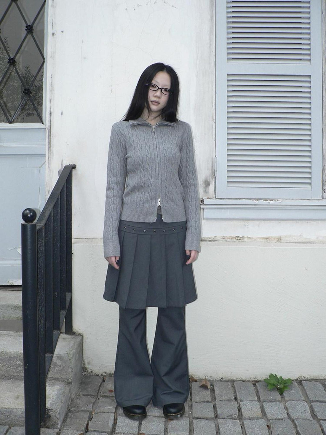 ang project High Waist Minimalist Korean Faux Skirt Flare Zipper Women Dark Gray Pants