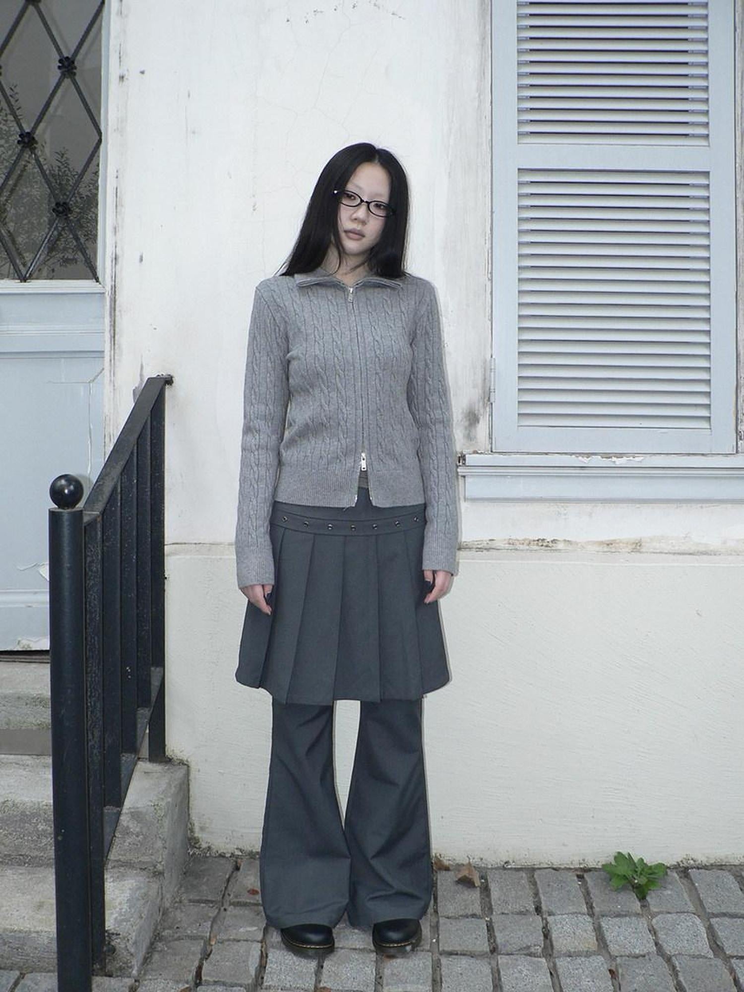 ang project High Waist Minimalist Korean Faux Skirt Flare Zipper Women Dark Gray Pants