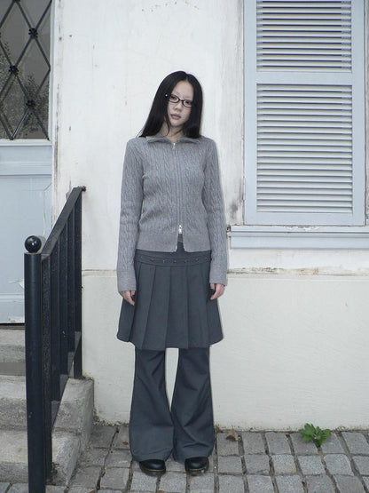 ang project High Waist Minimalist Korean Faux Skirt Flare Zipper Women Dark Gray Pants