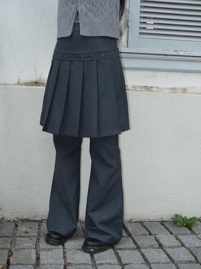 ang project High Waist Minimalist Korean Faux Skirt Flare Zipper Women Dark Gray Pants