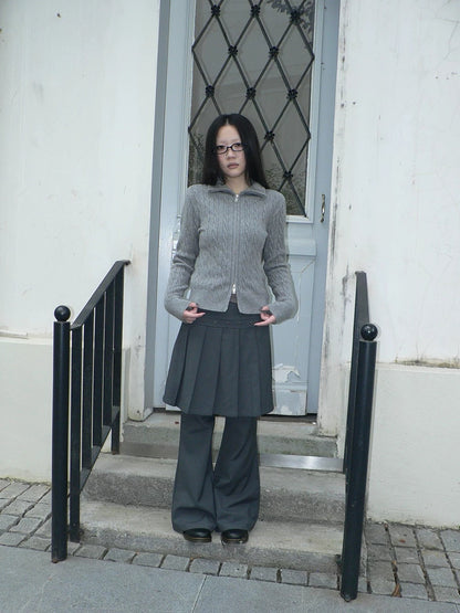 ang project High Waist Minimalist Korean Faux Skirt Flare Zipper Women Dark Gray Pants