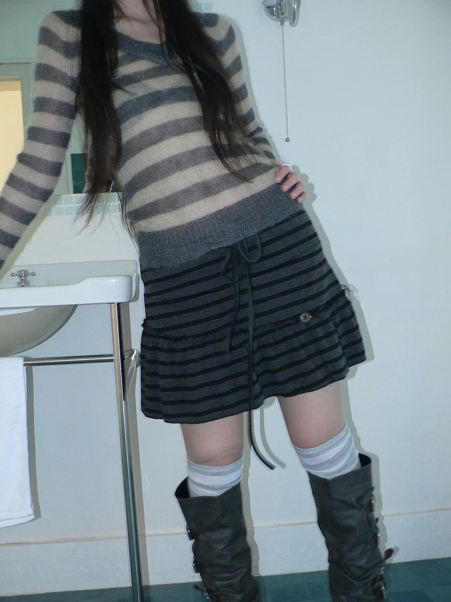 ang project High Waist Printed Lined Korean A Line Tie Detail Casual Deep Gray Mini Skirt