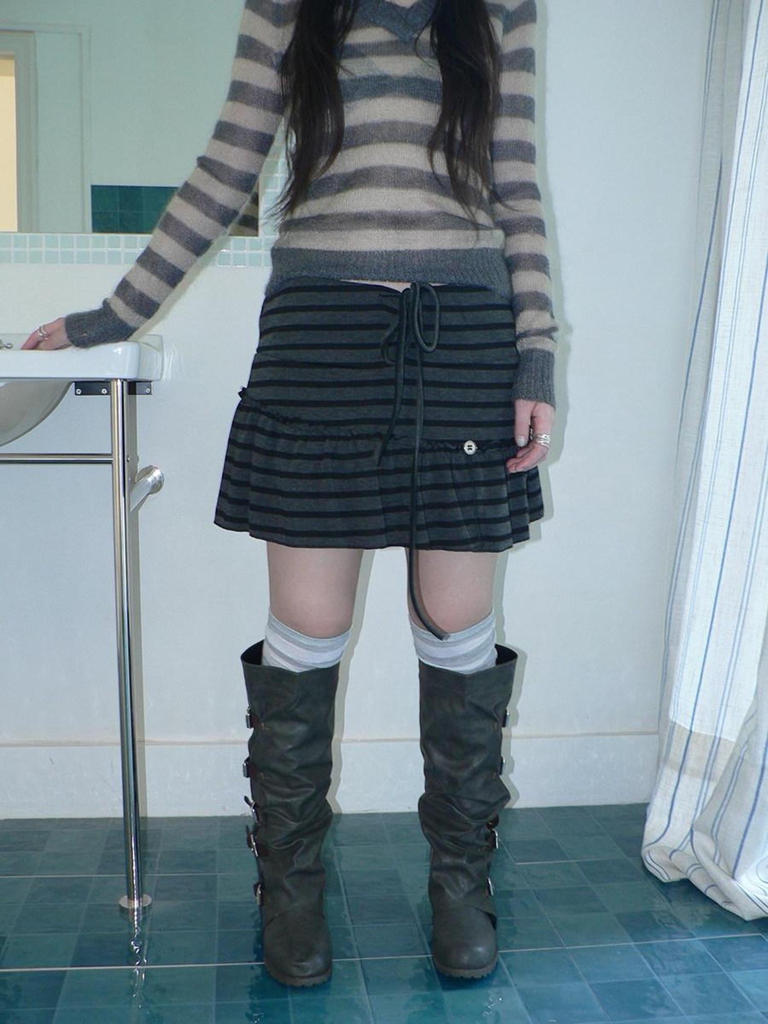 ang project High Waist Printed Lined Korean A Line Tie Detail Casual Deep Gray Mini Skirt