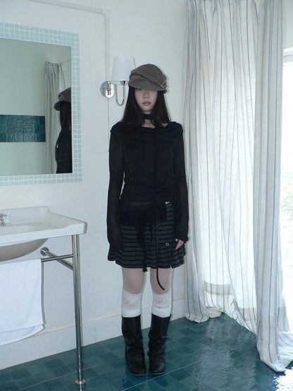 ang project High Waist Printed Lined Korean A Line Tie Detail Casual Deep Gray Mini Skirt