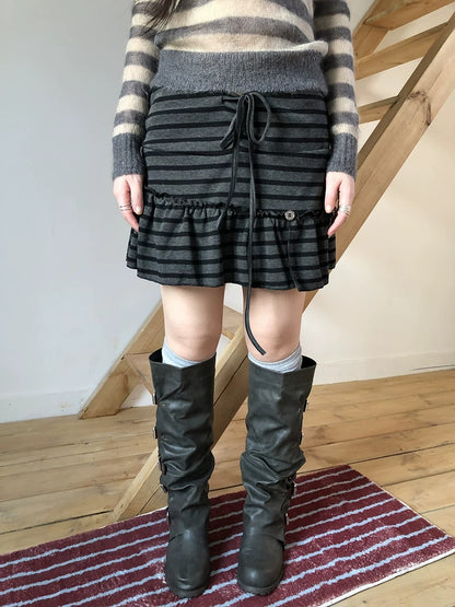 ang project High Waist Printed Lined Korean A Line Tie Detail Casual Deep Gray Mini Skirt