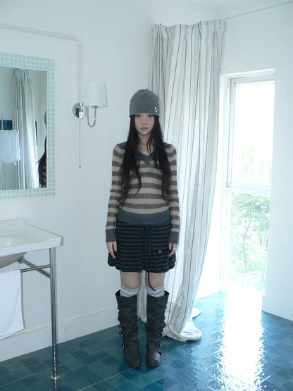 ang project High Waist Printed Lined Korean A Line Tie Detail Casual Deep Gray Mini Skirt
