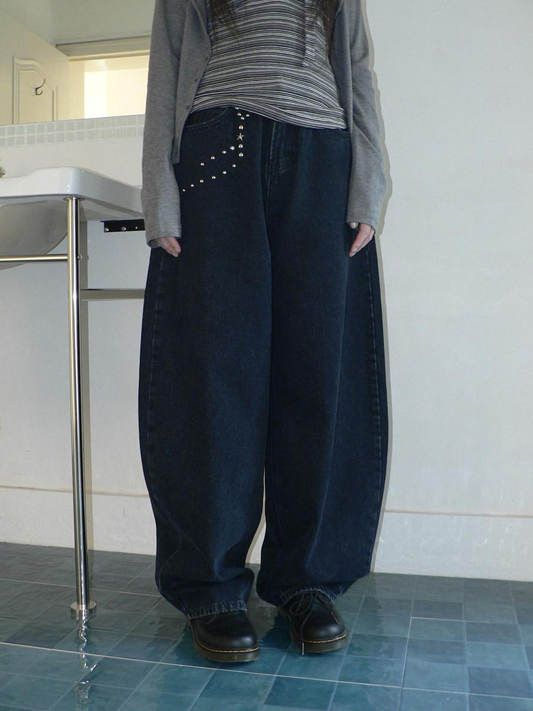 ang project High Waist Vintage Beaded Rivet Relaxed Women Dark Blue Lettered Jeans