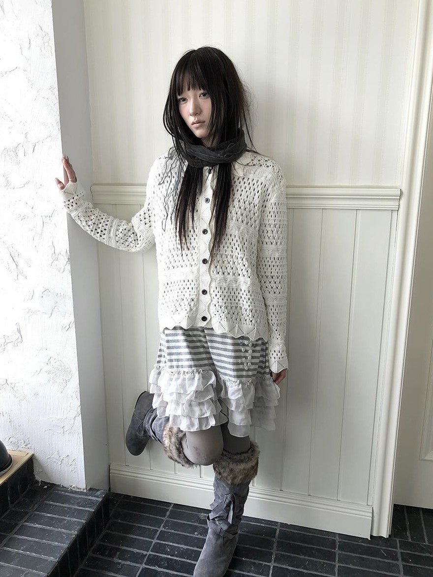 ang project Hollow Out Pointelle Solid Collared Women&