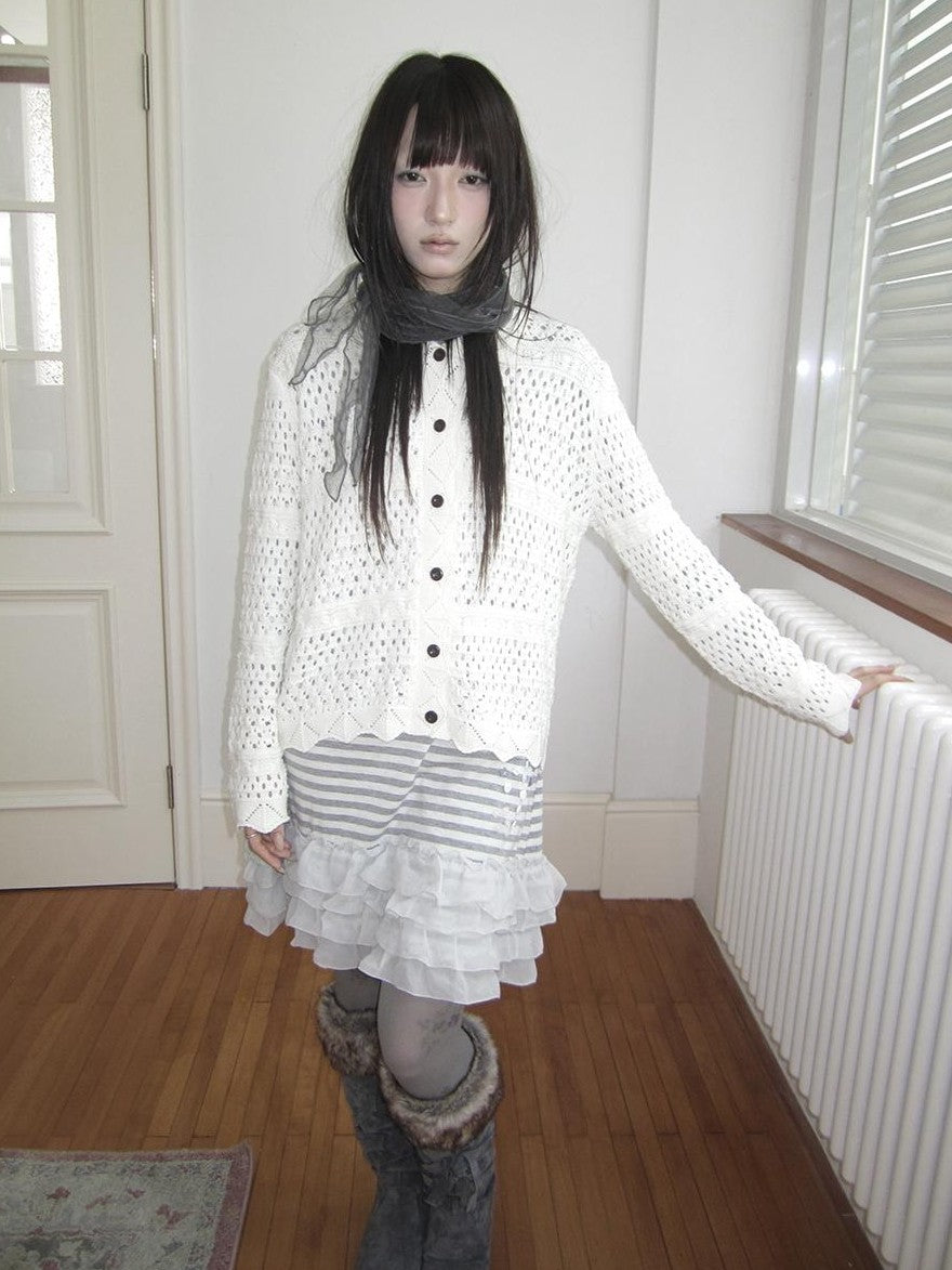 ang project Hollow Out Pointelle Solid Collared Women&
