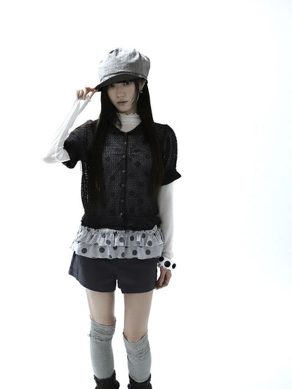 ang project Hollowout Single Button Puff Collar Women&