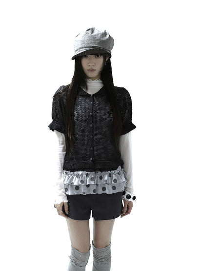 ang project Hollowout Single Button Puff Collar Women&